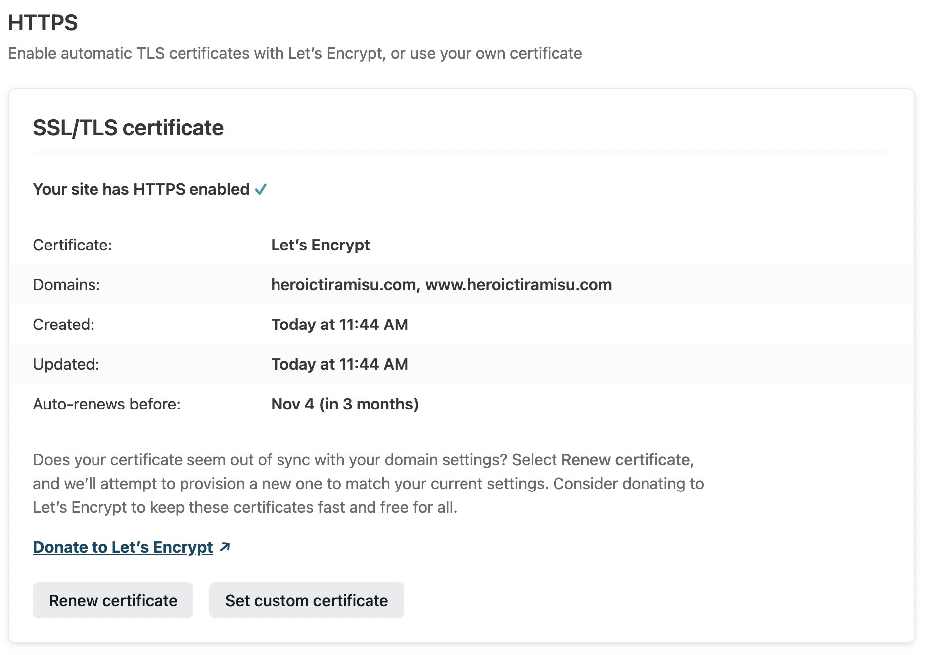 The issued TLS certificate in Netlify