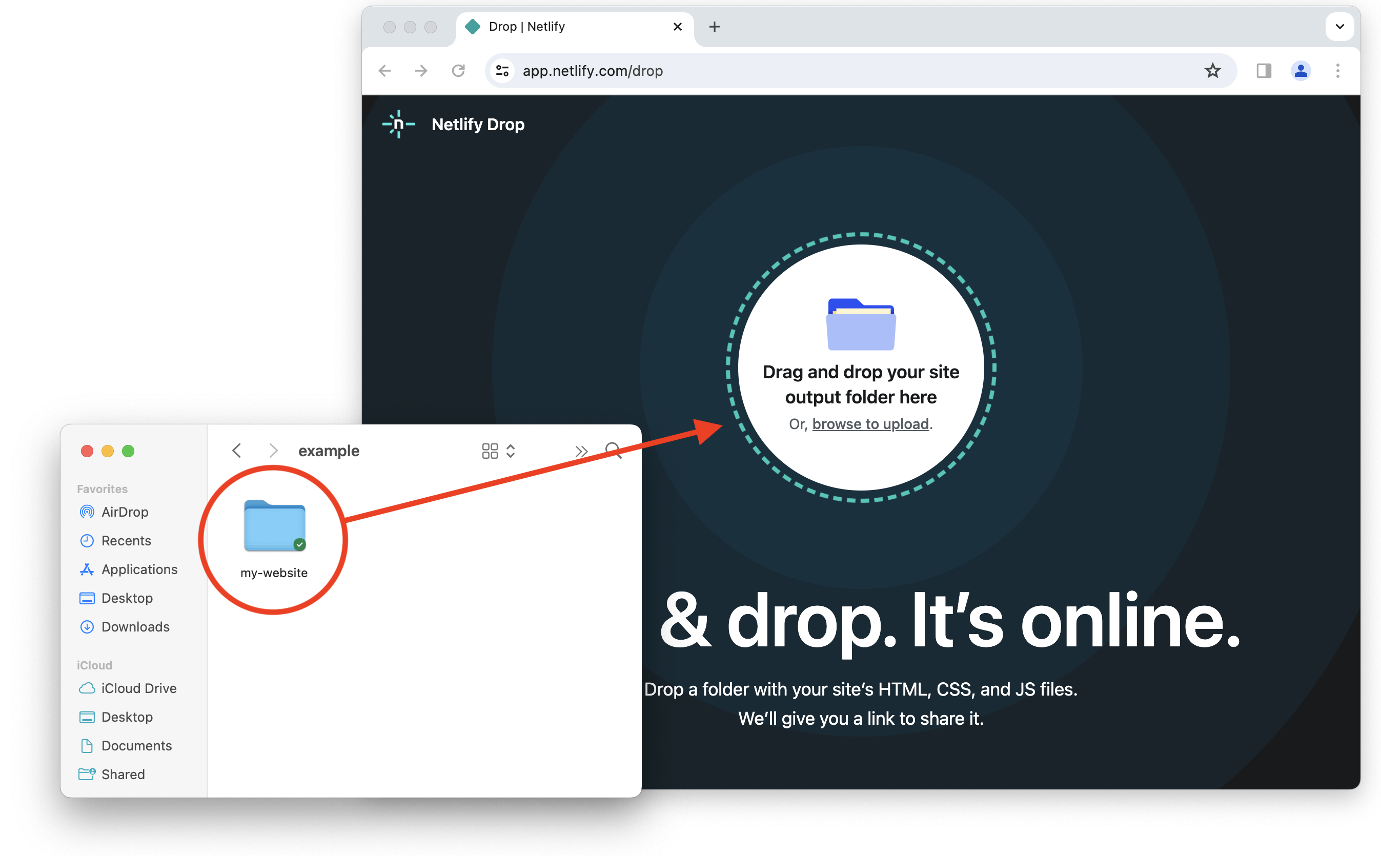 Dragging and dropping a website on Netlify drop