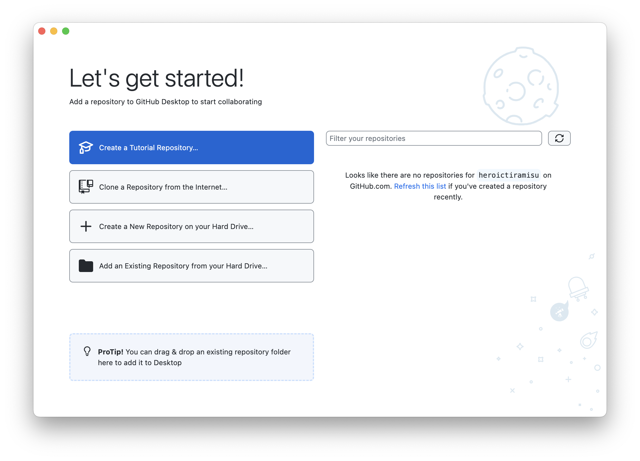 GitHub Desktop start page