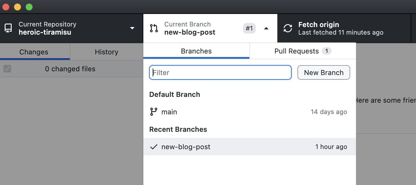 Selecting the main branch in GitHub Desktop
