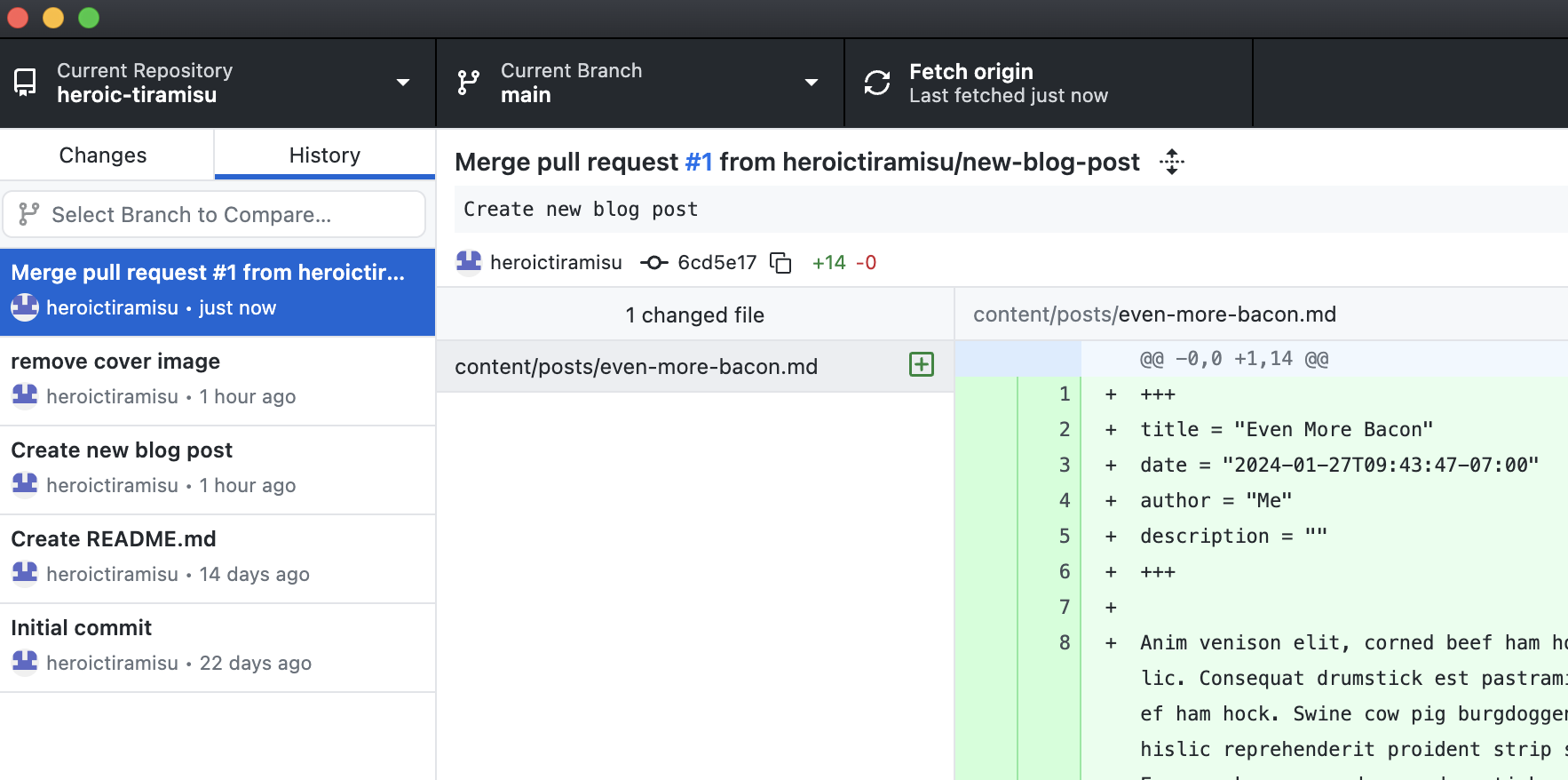 Reviewing the repository&rsquo;s history in GitHub Desktop