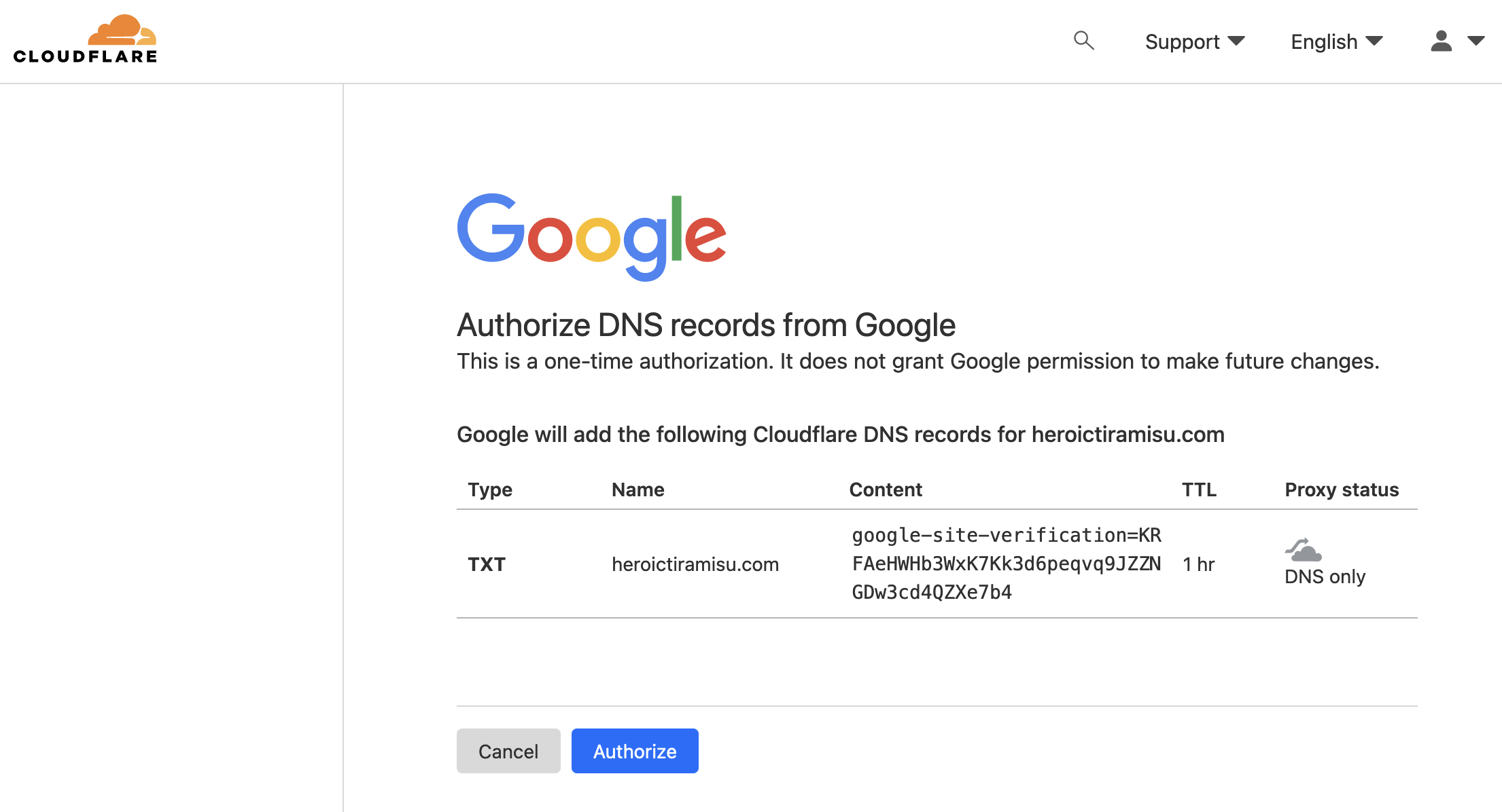 Creating the new DNS record for DNS verification in Cloudflare