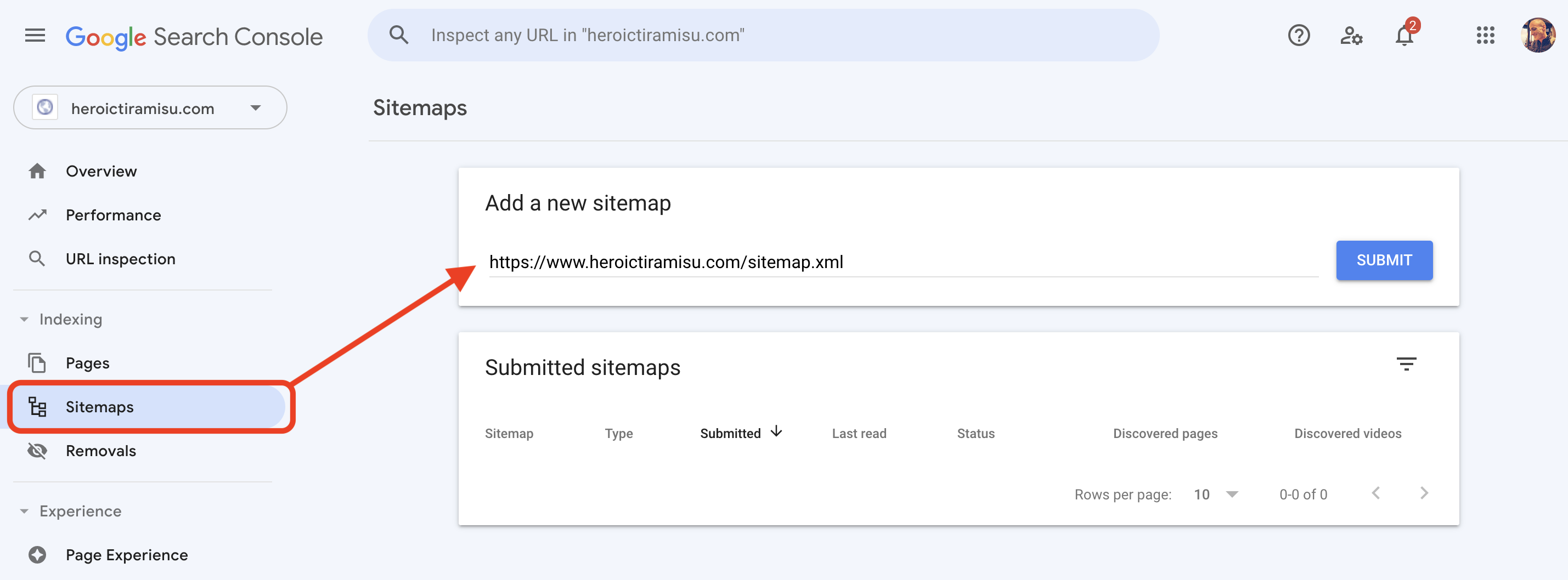 Submitting our sitemap file in Google Search Console